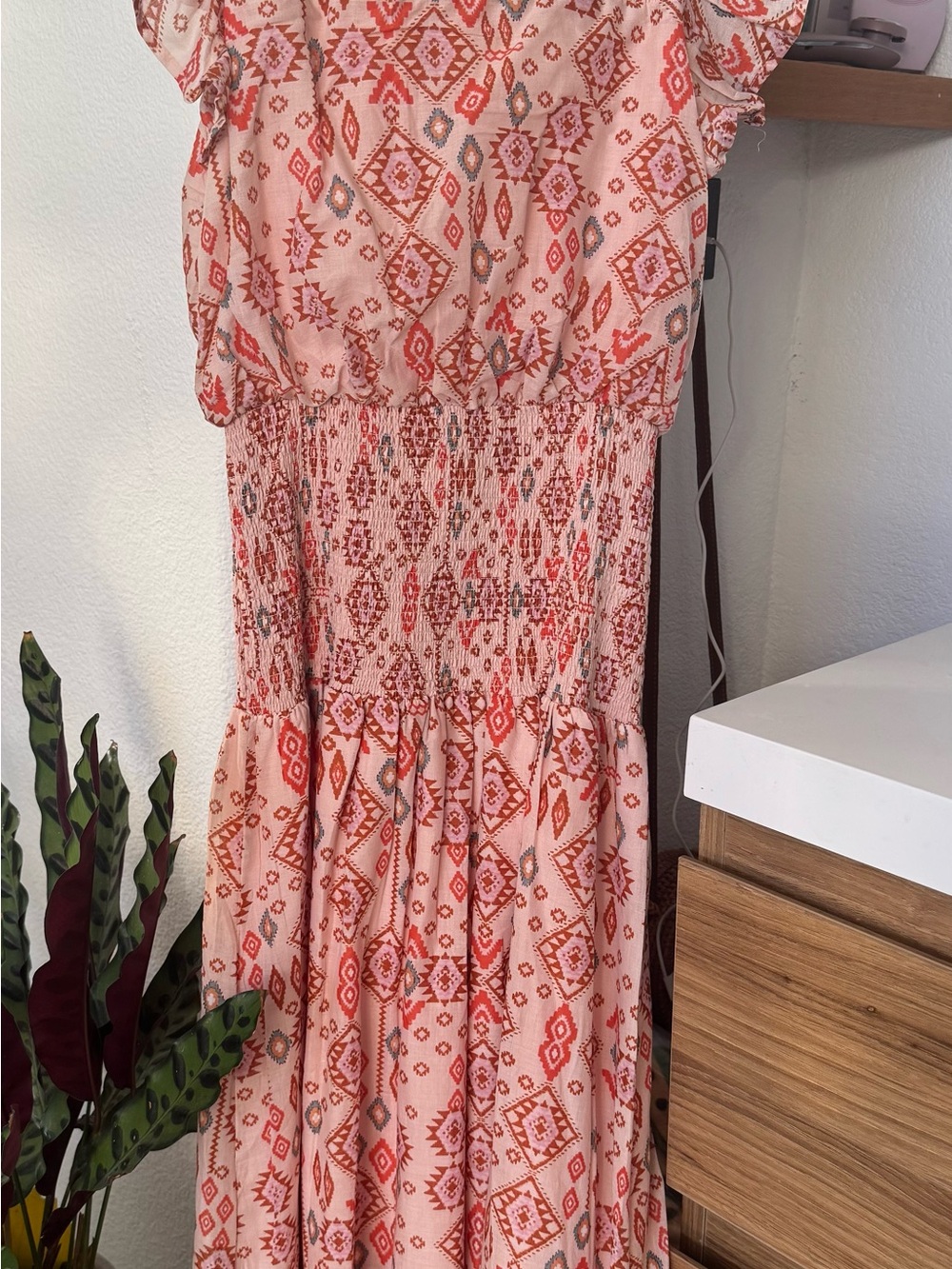 Aqua Peach and Coral Geometric Smocked Waist Dress